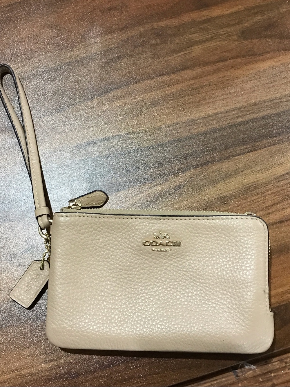 Coach Beige Pebbled Leather Double Zip Wristlet with Gold Hardware